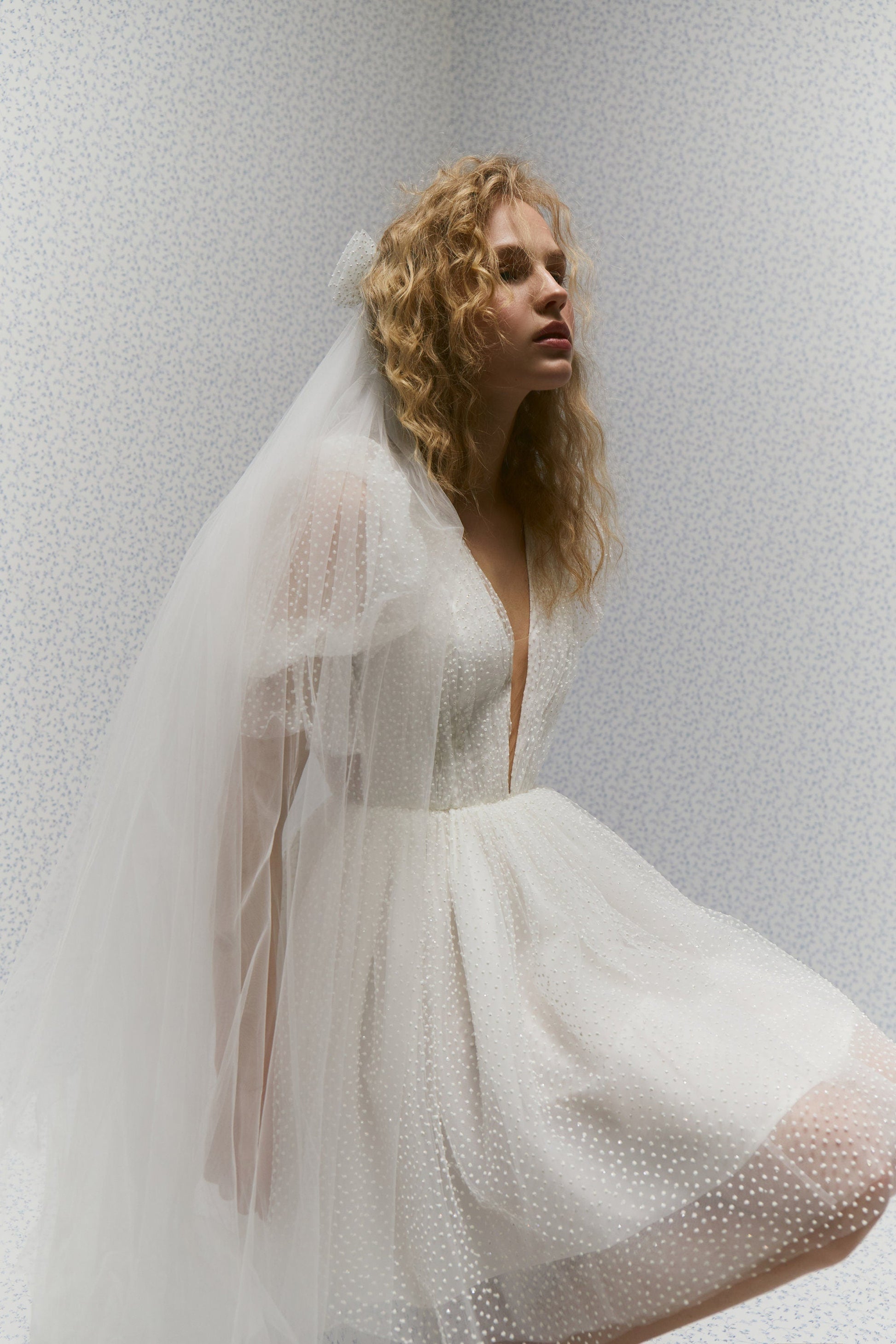 Dots Tulle Mini Wedding Dress: V-Neck Rehearsal Dinner Dress