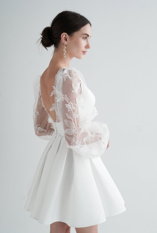 Ivory Short Wedding Dress: Satin Elopement Gown with Lace Sleeves