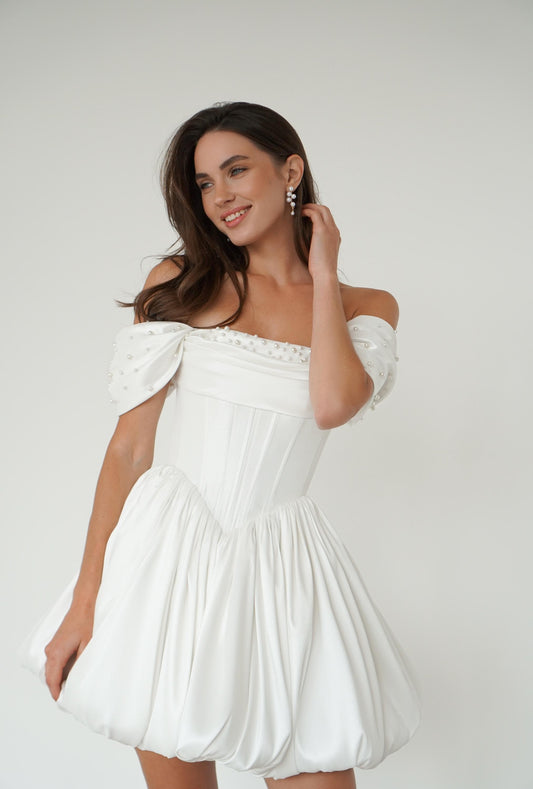 Mikado Mini Wedding Dress: Corset, Bubble Skirt, Pearl Details