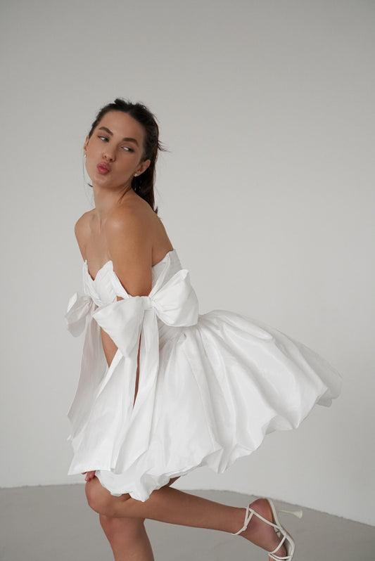 Mini Taffeta Wedding Dress: Basque Waist, Bubble Skirt, Bow Sleeves