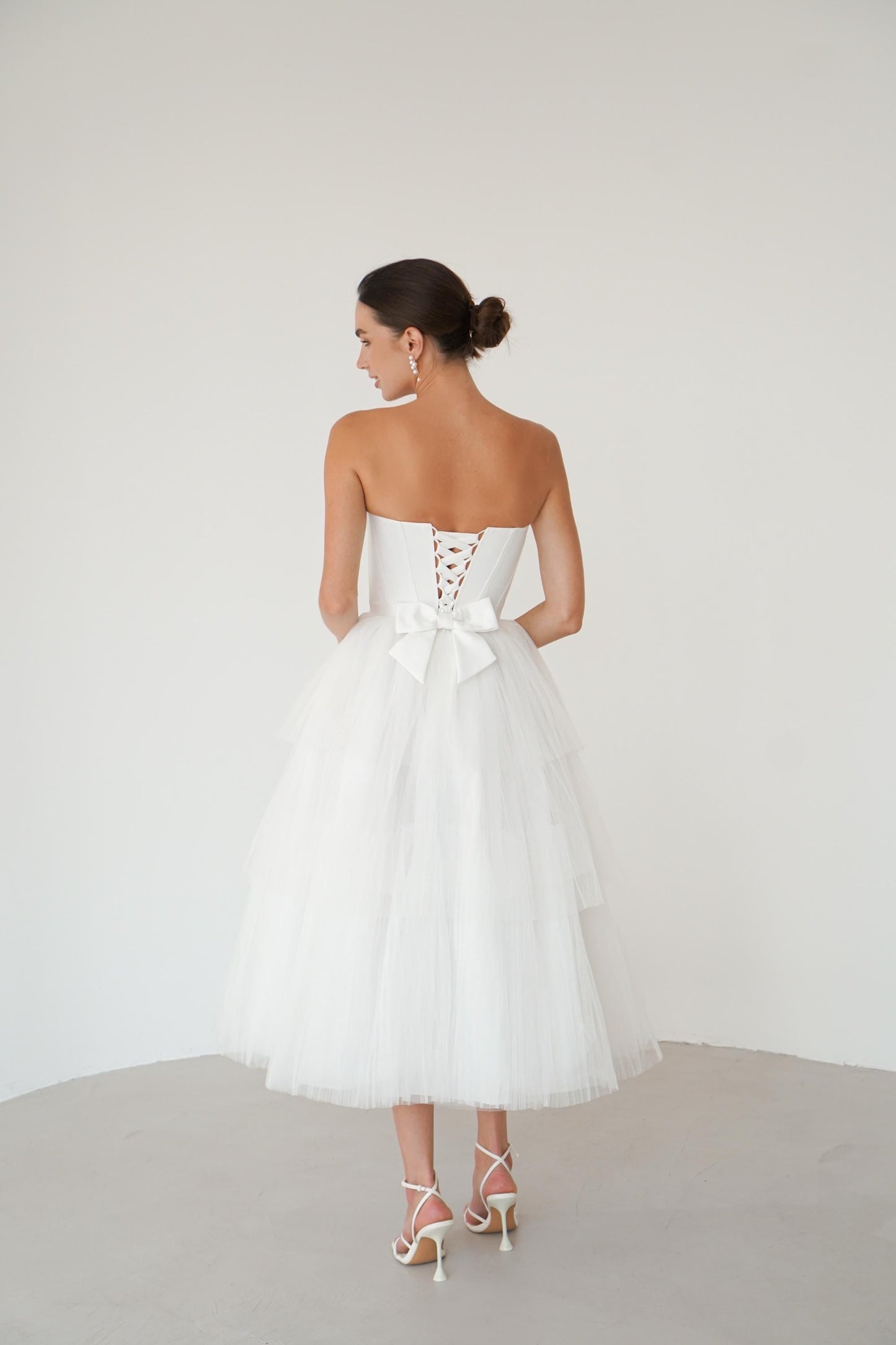 Tulle Midi Wedding Dress: Satin Corset, Tea Length Elopement Gown