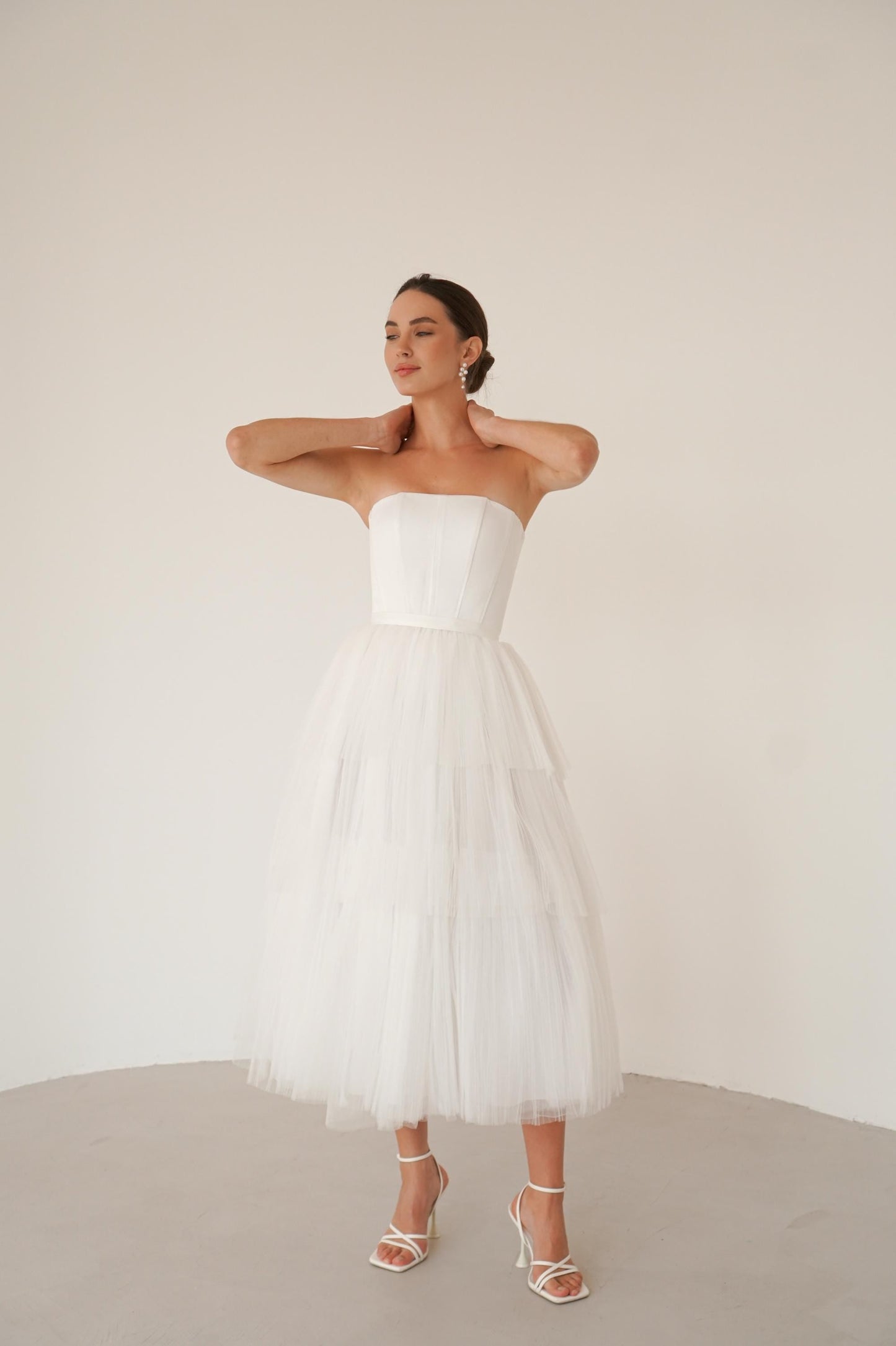Tulle Midi Wedding Dress: Satin Corset, Tea Length Elopement Gown