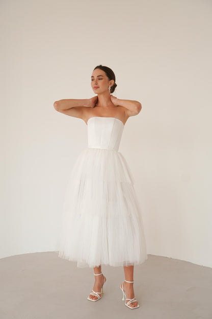 Tulle Midi Wedding Dress: Satin Corset, Tea Length Elopement Gown
