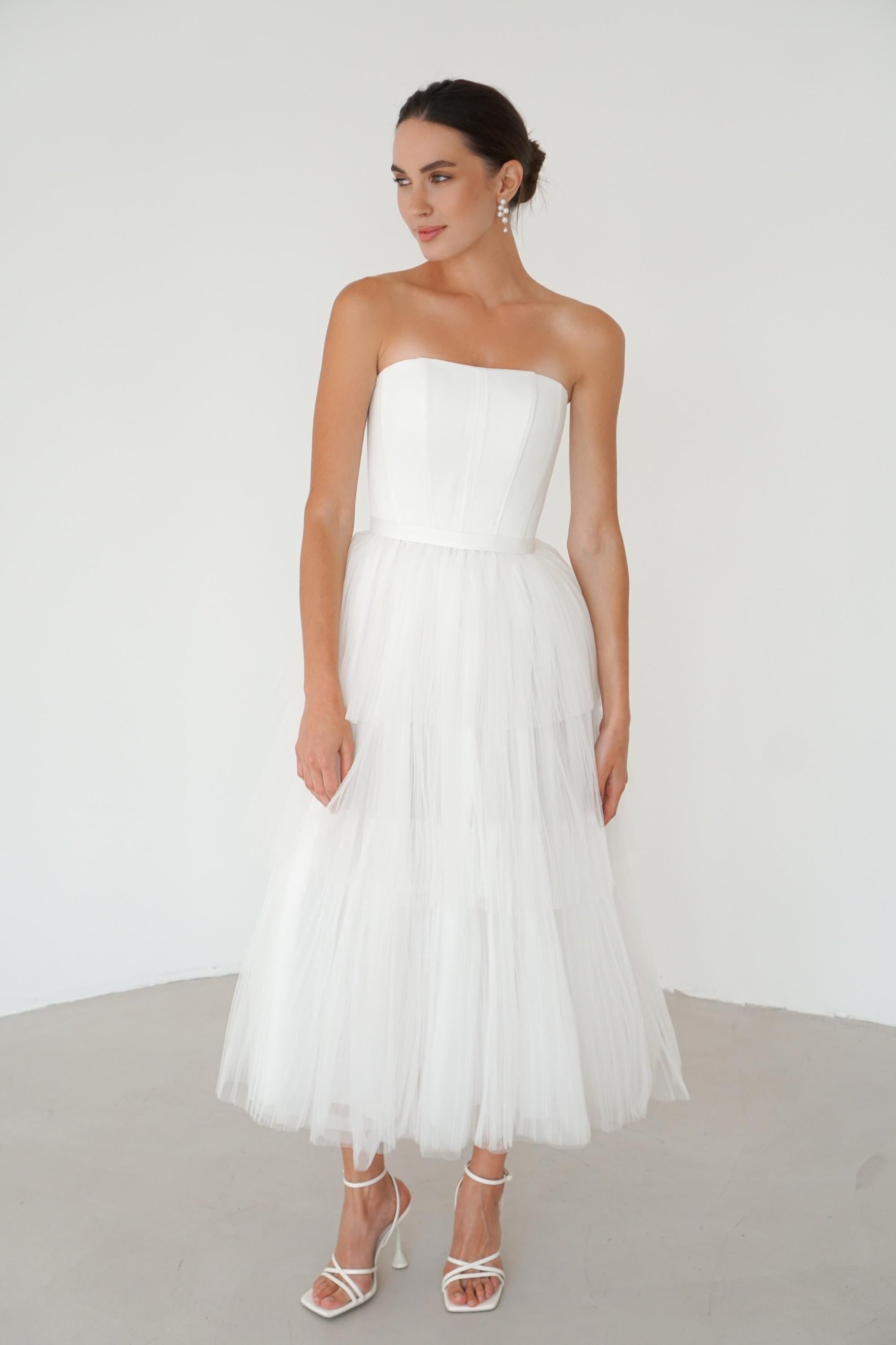 Tulle Midi Wedding Dress: Satin Corset, Tea Length Elopement Gown
