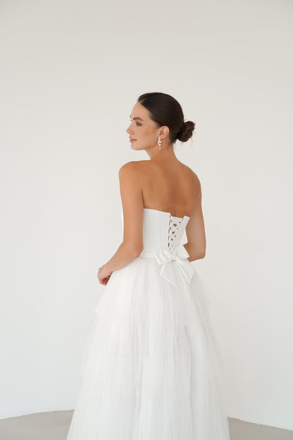 Tulle Midi Wedding Dress: Satin Corset, Tea Length Elopement Gown