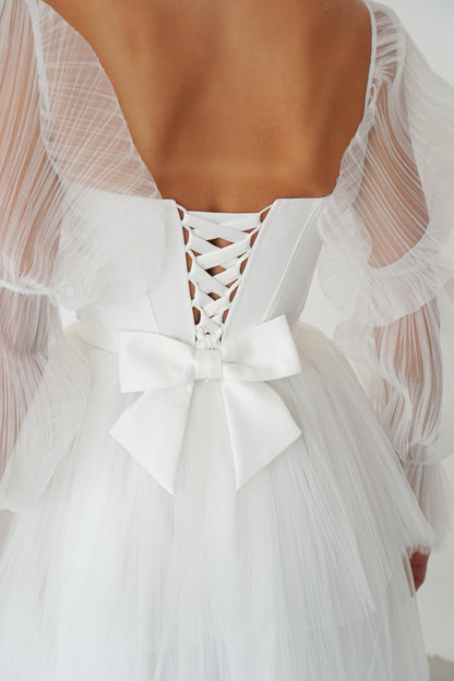 Satin Corset Wedding Midi Dress: Tulle Sleeves, Lace-Up Back