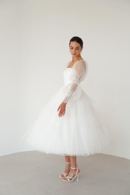 Satin Corset Wedding Midi Dress: Tulle Sleeves, Lace-Up Back