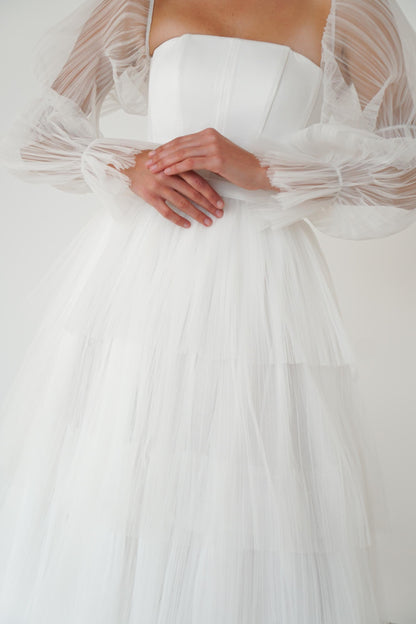 Satin Corset Wedding Midi Dress: Tulle Sleeves, Lace-Up Back