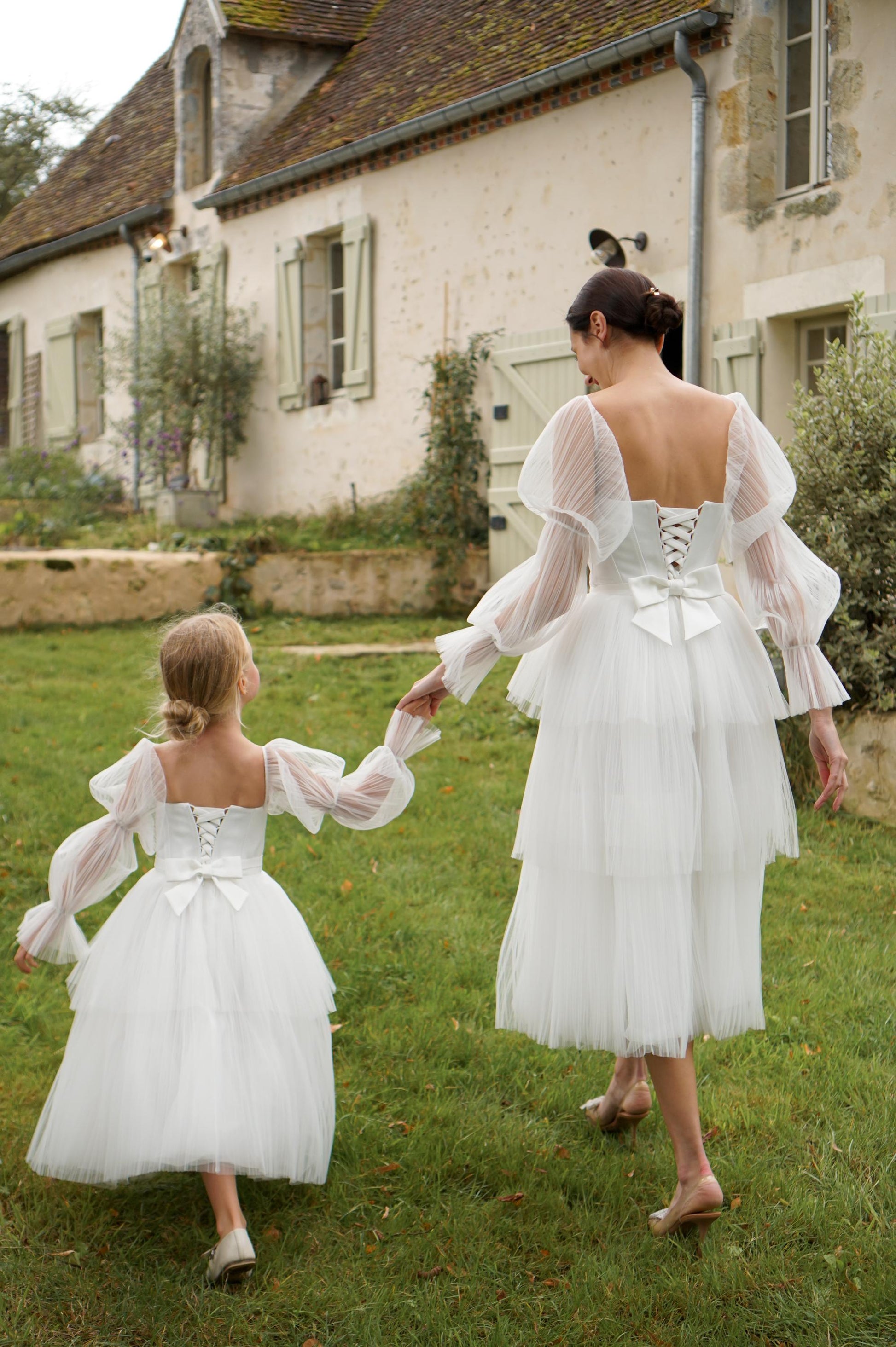 Satin Corset Wedding Midi Dress: Tulle Sleeves, Lace-Up Back