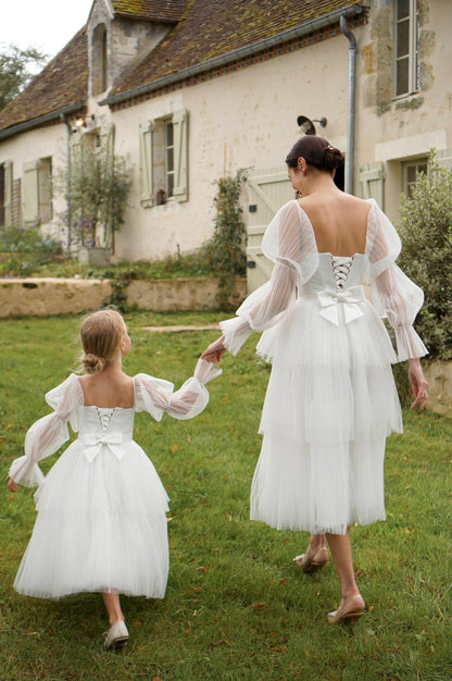 Satin Corset Wedding Midi Dress: Tulle Sleeves, Lace-Up Back