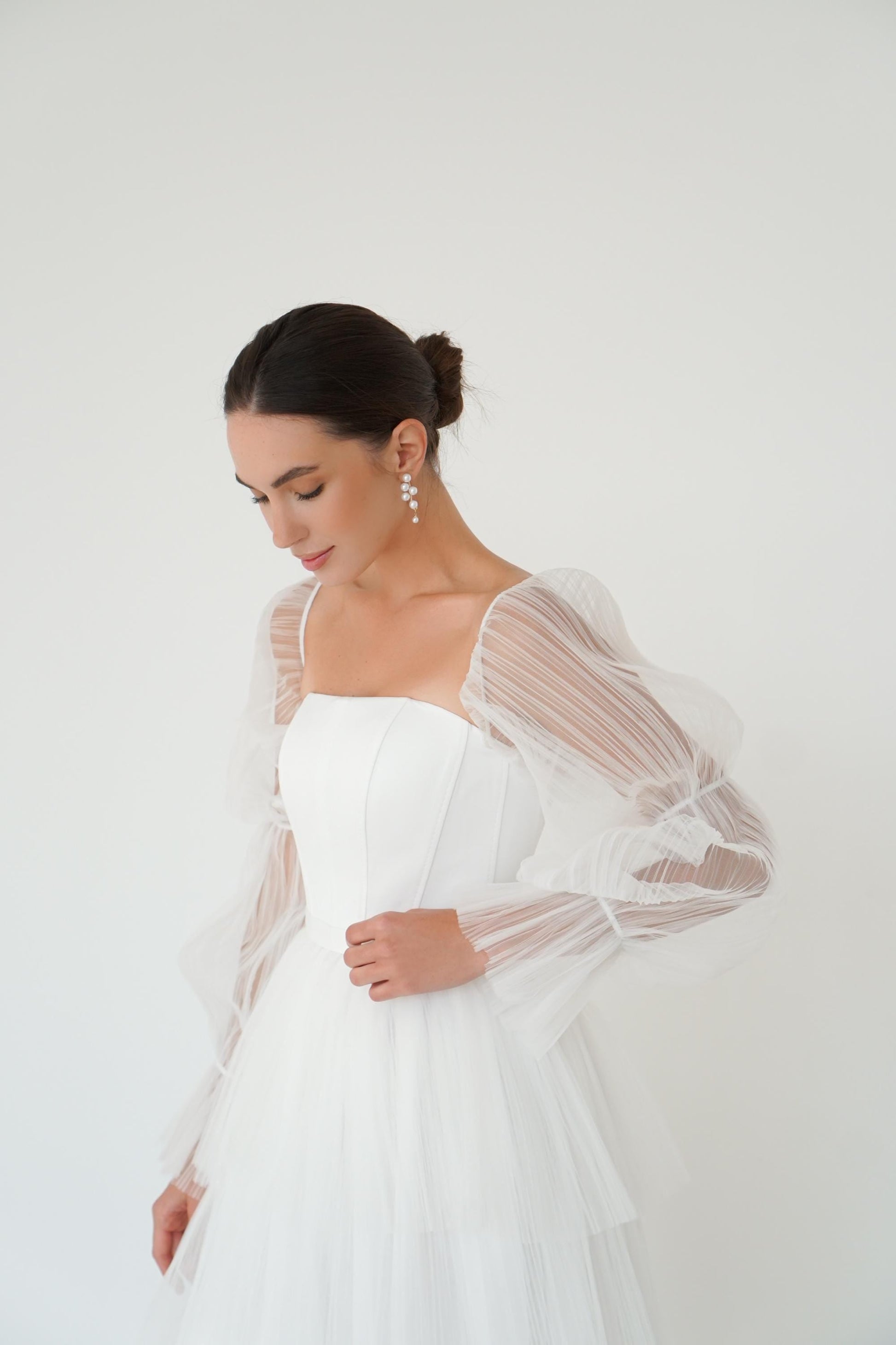 Satin Corset Wedding Midi Dress: Tulle Sleeves, Lace-Up Back