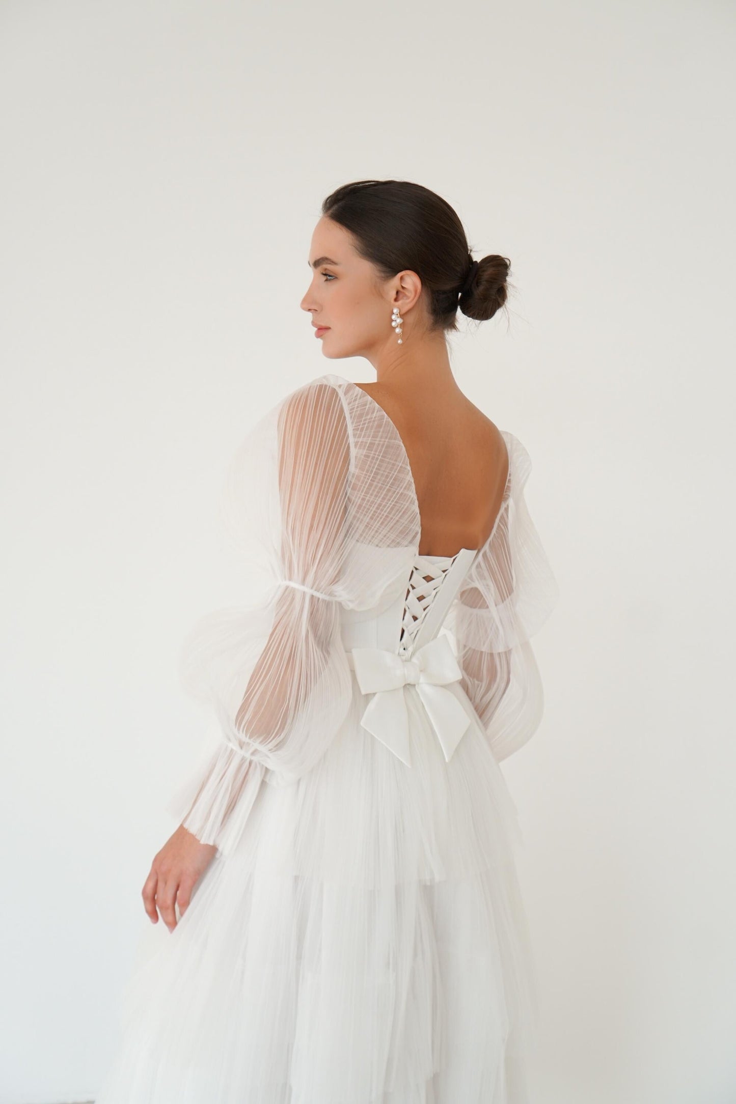 Satin Corset Wedding Midi Dress: Tulle Sleeves, Lace-Up Back