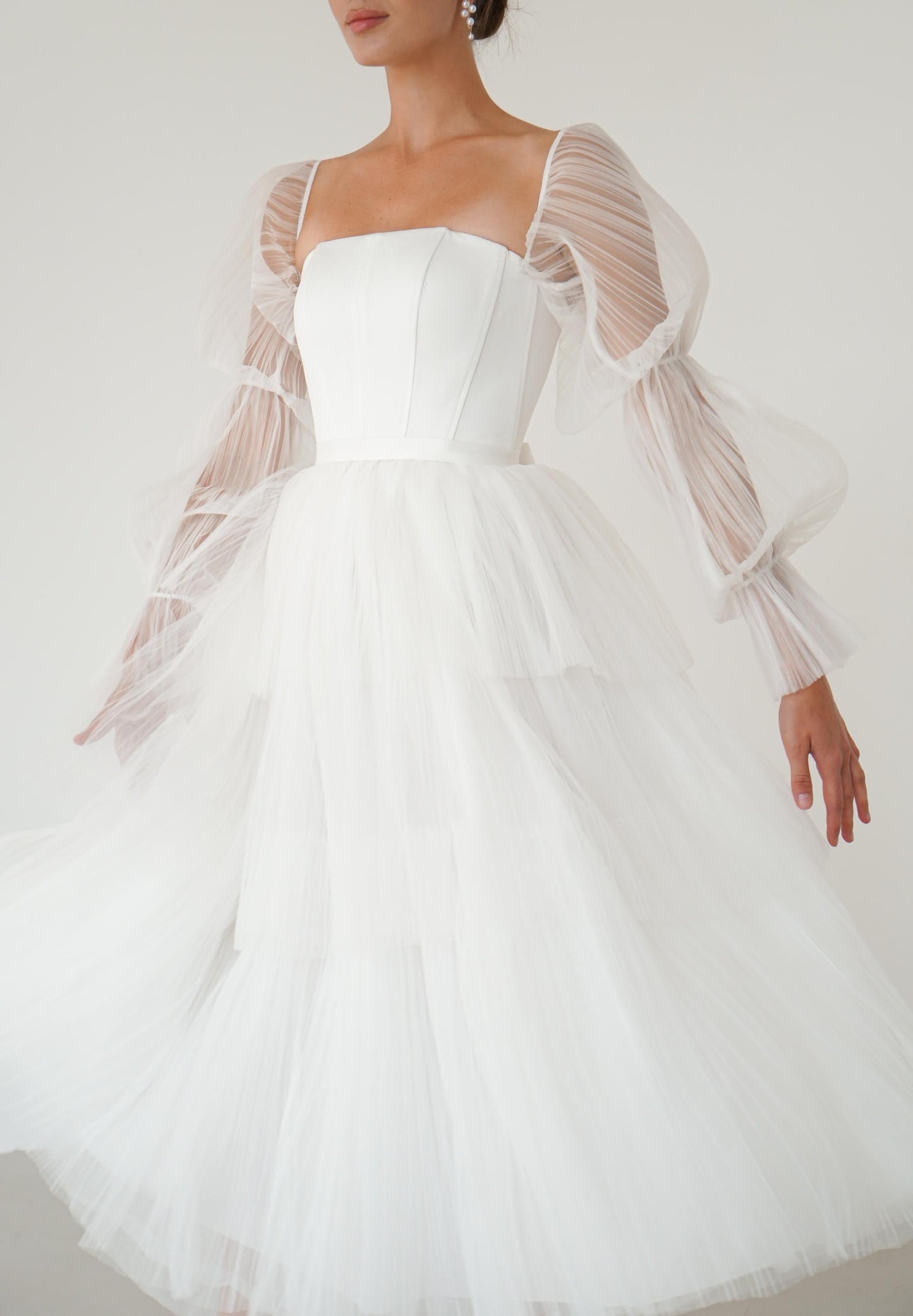 Satin Corset Wedding Midi Dress: Tulle Sleeves, Lace-Up Back