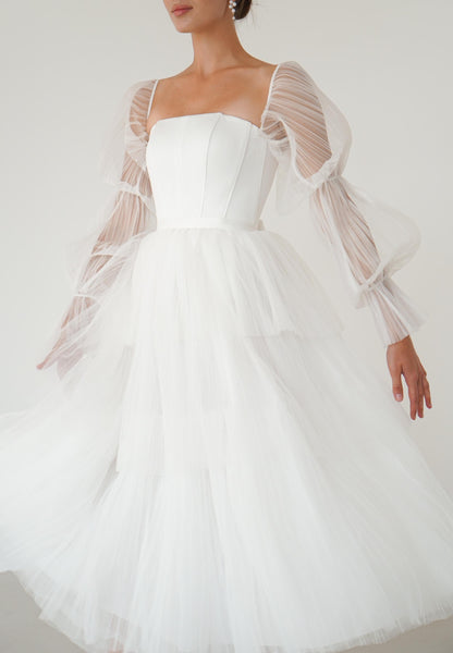 Satin Corset Wedding Midi Dress: Tulle Sleeves, Lace-Up Back