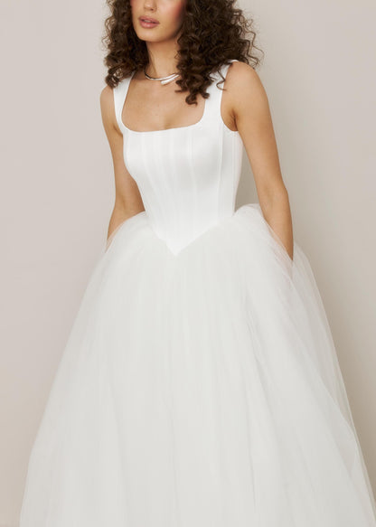 Tulle Basque Waist Wedding Dress: Corset Bodice, Square Neckline