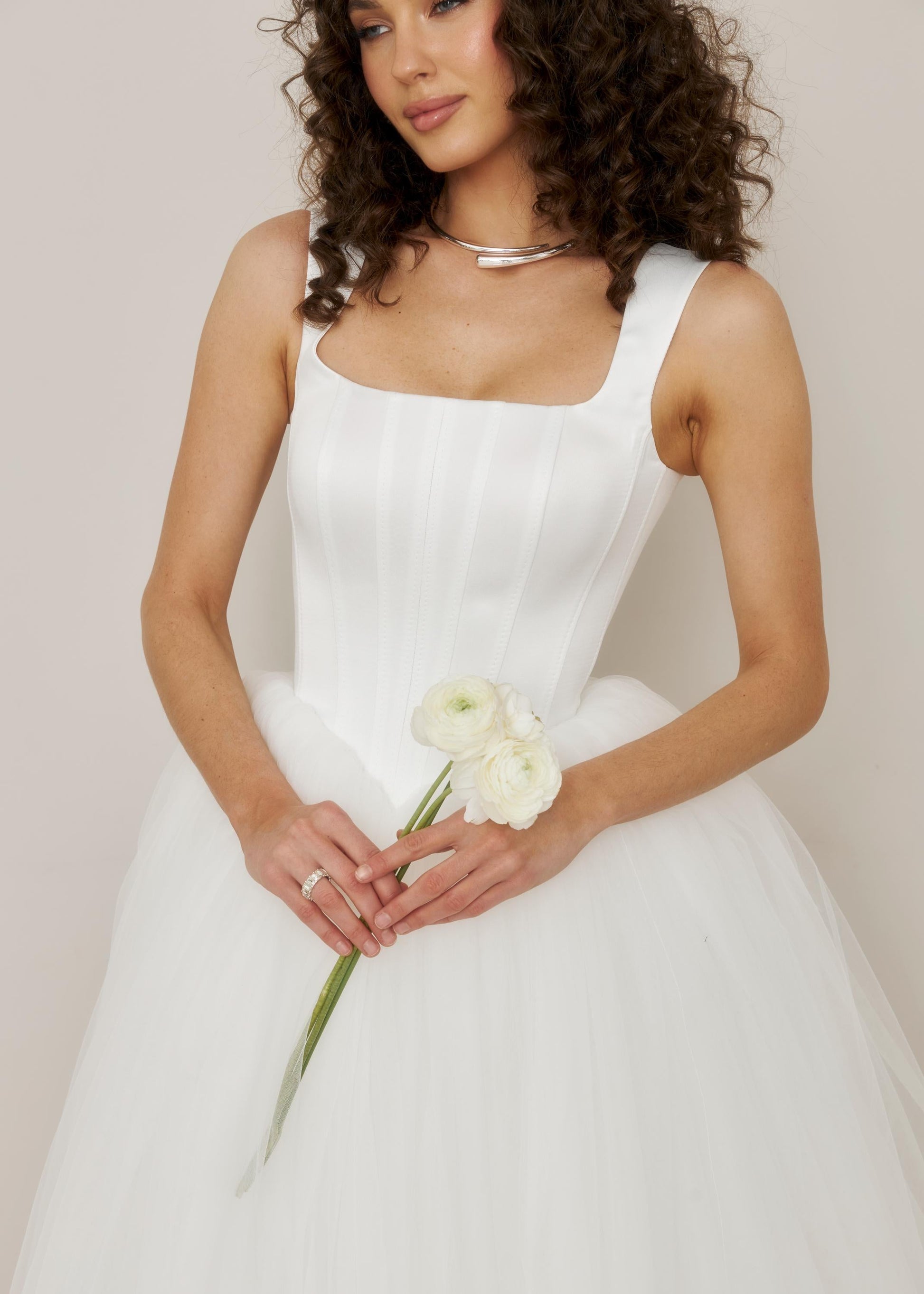 Tulle Basque Waist Wedding Dress: Corset Bodice, Square Neckline