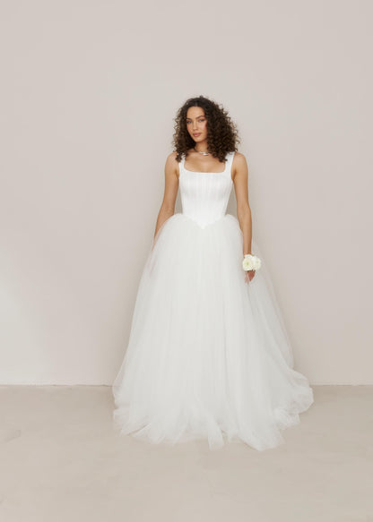 Tulle Basque Waist Wedding Dress: Corset Bodice, Square Neckline