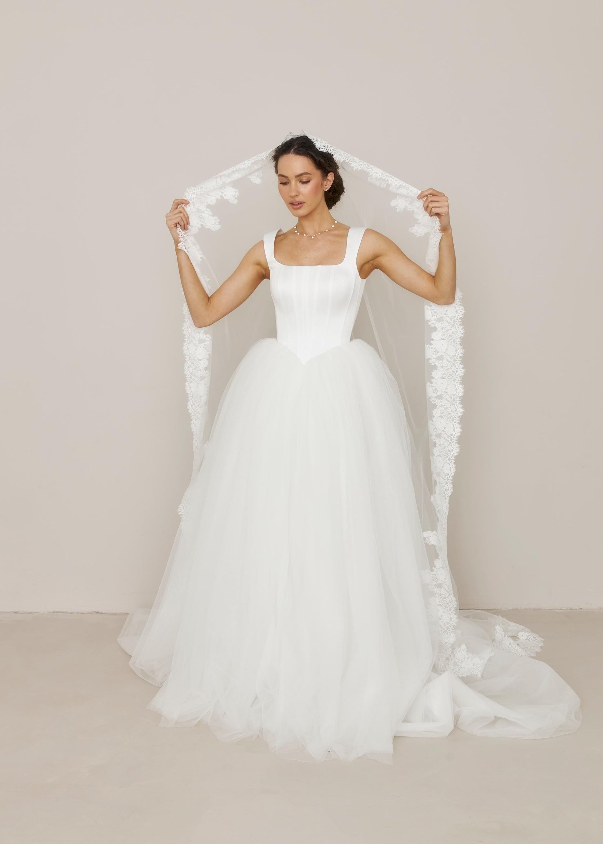 Tulle Basque Waist Wedding Dress: Corset Bodice, Square Neckline