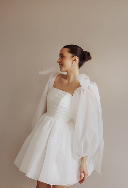 Short Wedding Dress: Organza Mini with Puffed Sleeves