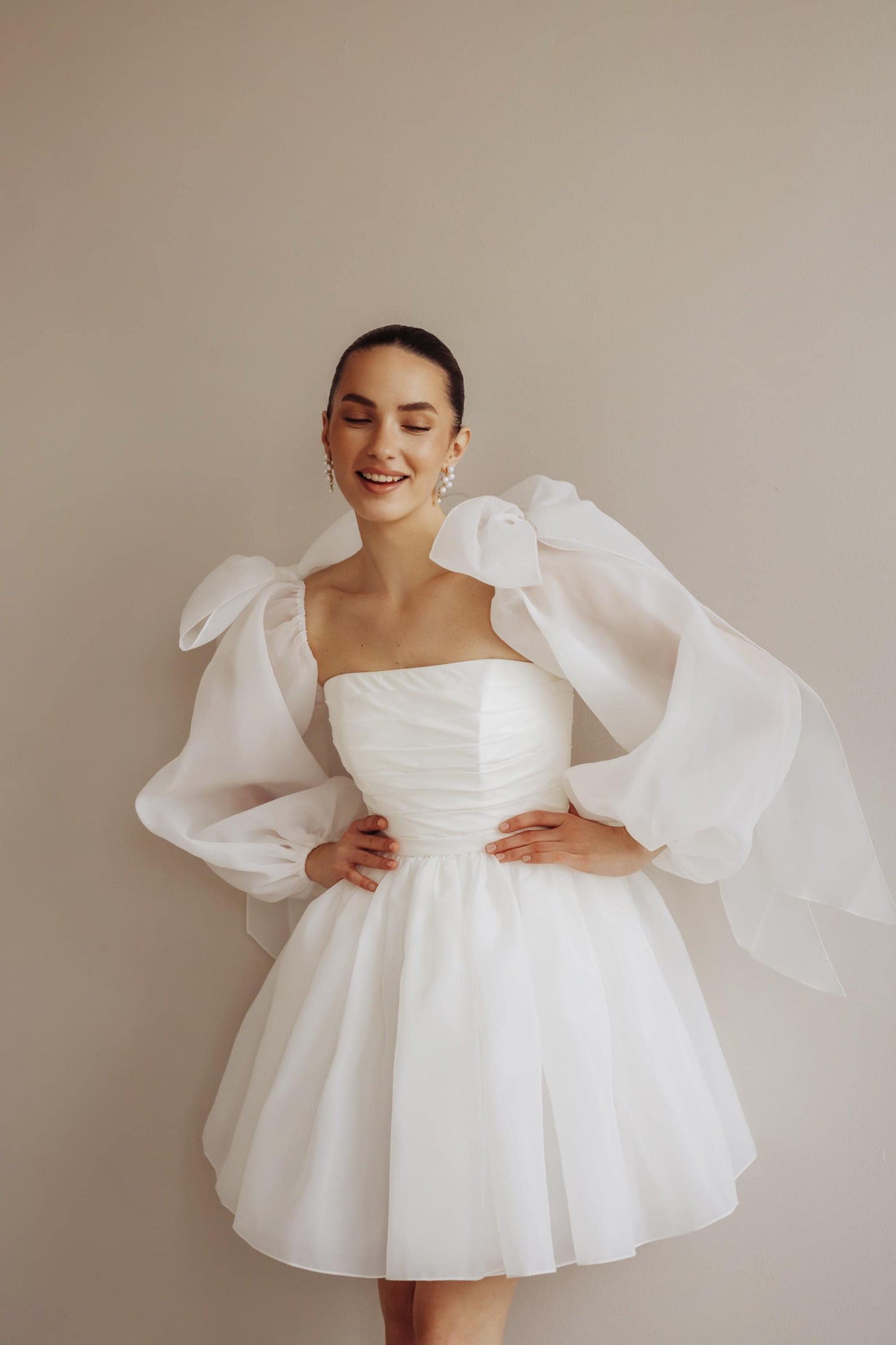 Short Wedding Dress: Organza Mini with Puffed Sleeves