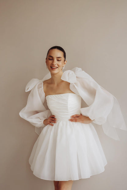 Short Wedding Dress: Organza Mini with Puffed Sleeves