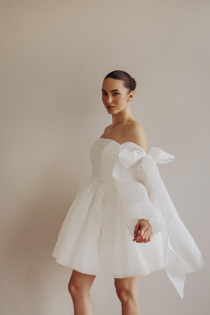 Short Wedding Dress: Organza Mini with Puffed Sleeves