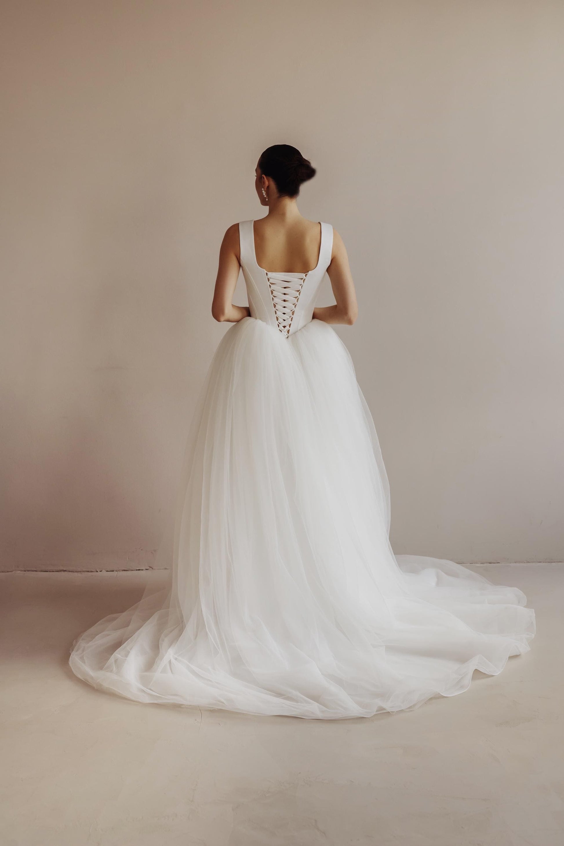 Tulle Basque Waist Wedding Dress: Corset Bodice, Square Neckline