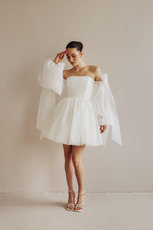 Short Wedding Dress: Organza Mini with Puffed Sleeves