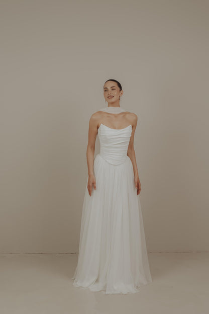 Set wedding corset and skirt, Minimalist Wedding Dress, Simple Wedding Dress, Sharf Neck wedding dress, Basques Waist Corset, Collette Set