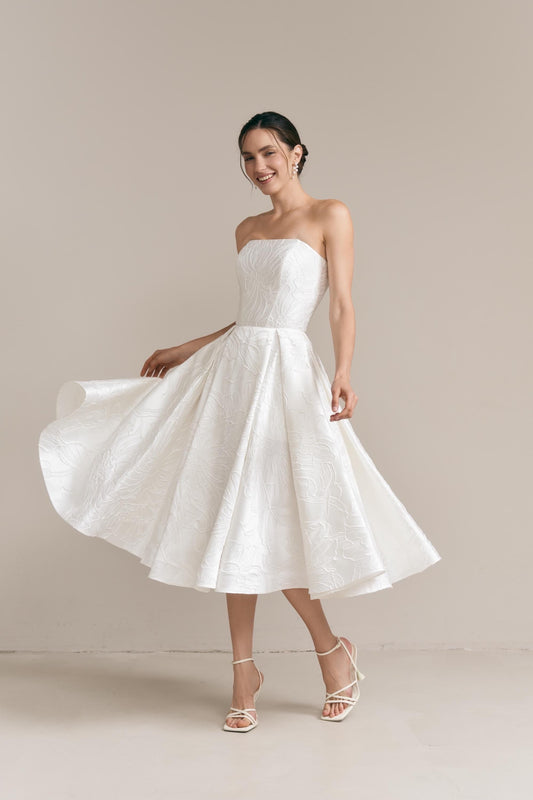Floral Jacquard Midi Wedding Dress: Silk Blend, Tea Length