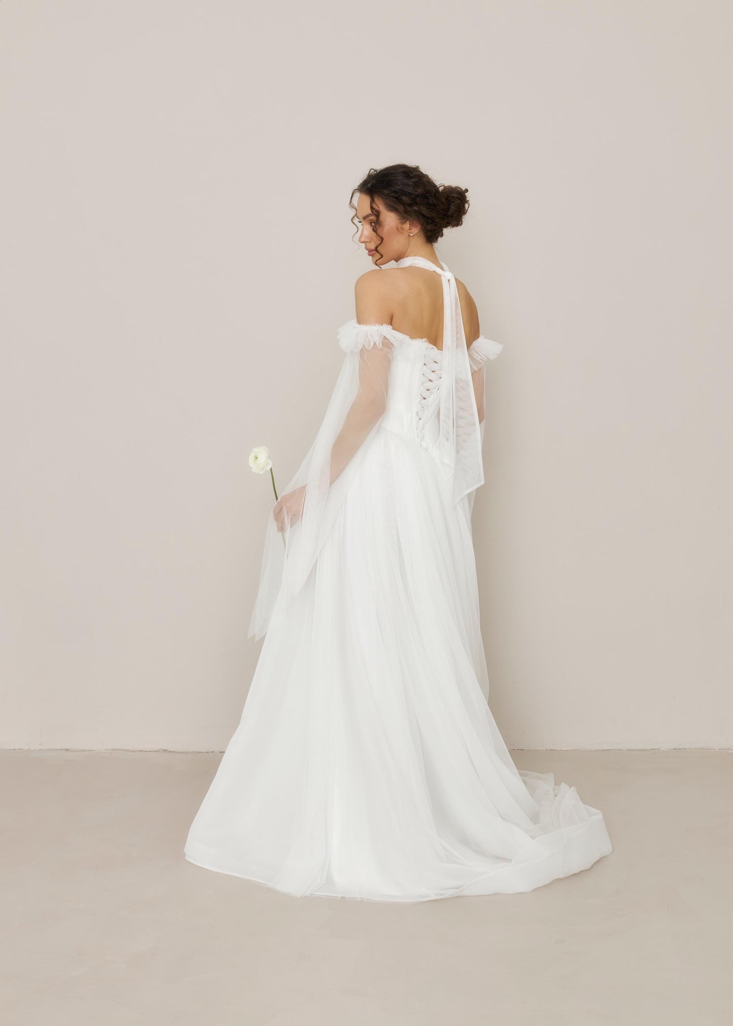 Tulle Basque Waist Wedding Dress: Ruffle Bodice, Long Sleeves