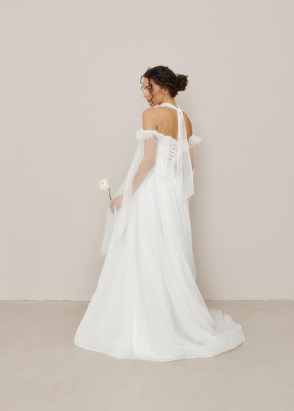 Tulle Basque Waist Wedding Dress: Ruffle Bodice, Long Sleeves