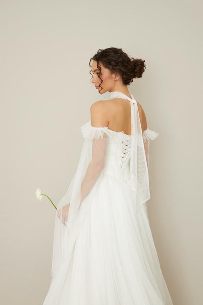 Tulle Basque Waist Wedding Dress: Ruffle Bodice, Long Sleeves
