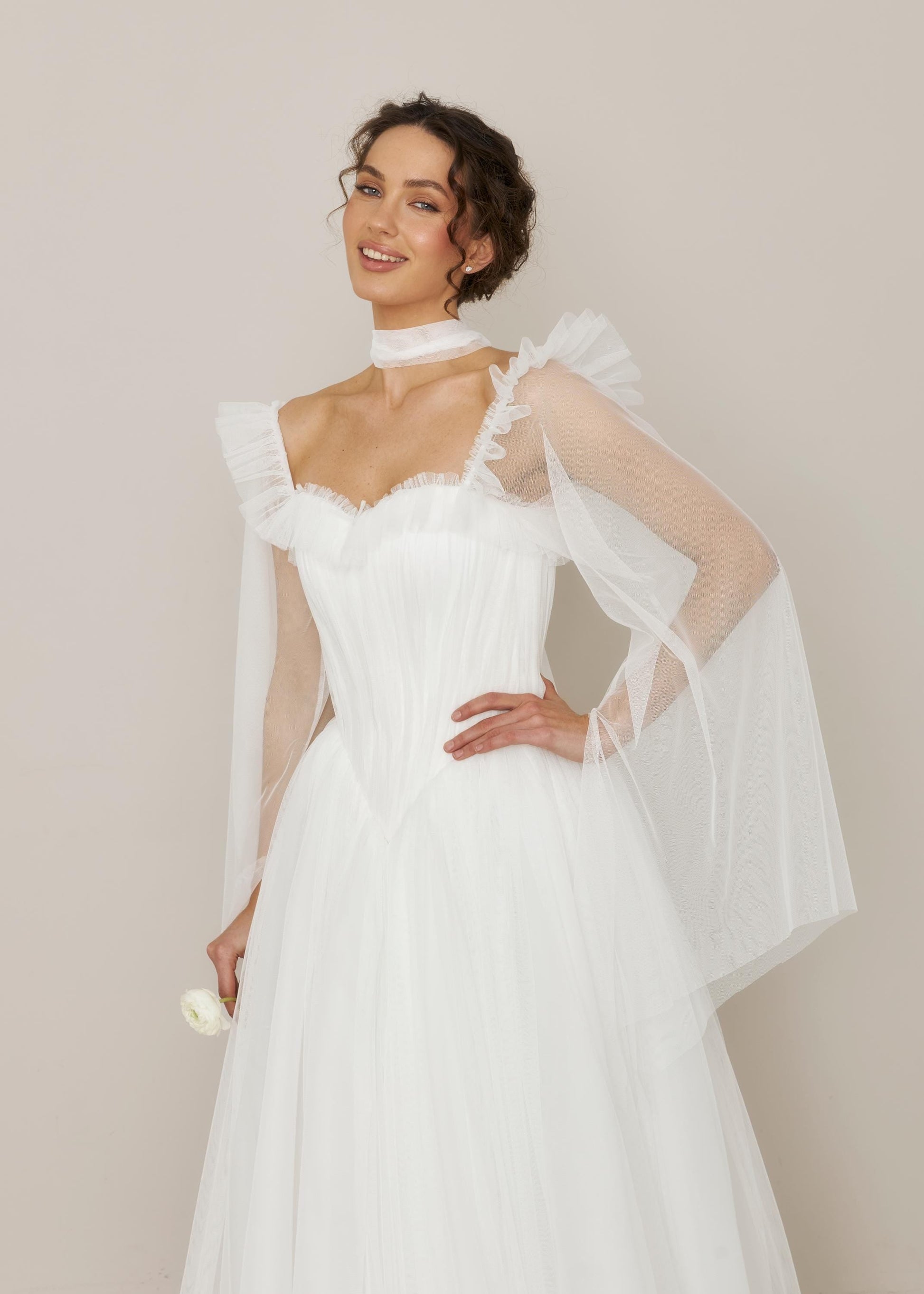 Tulle Basque Waist Wedding Dress: Ruffle Bodice, Long Sleeves