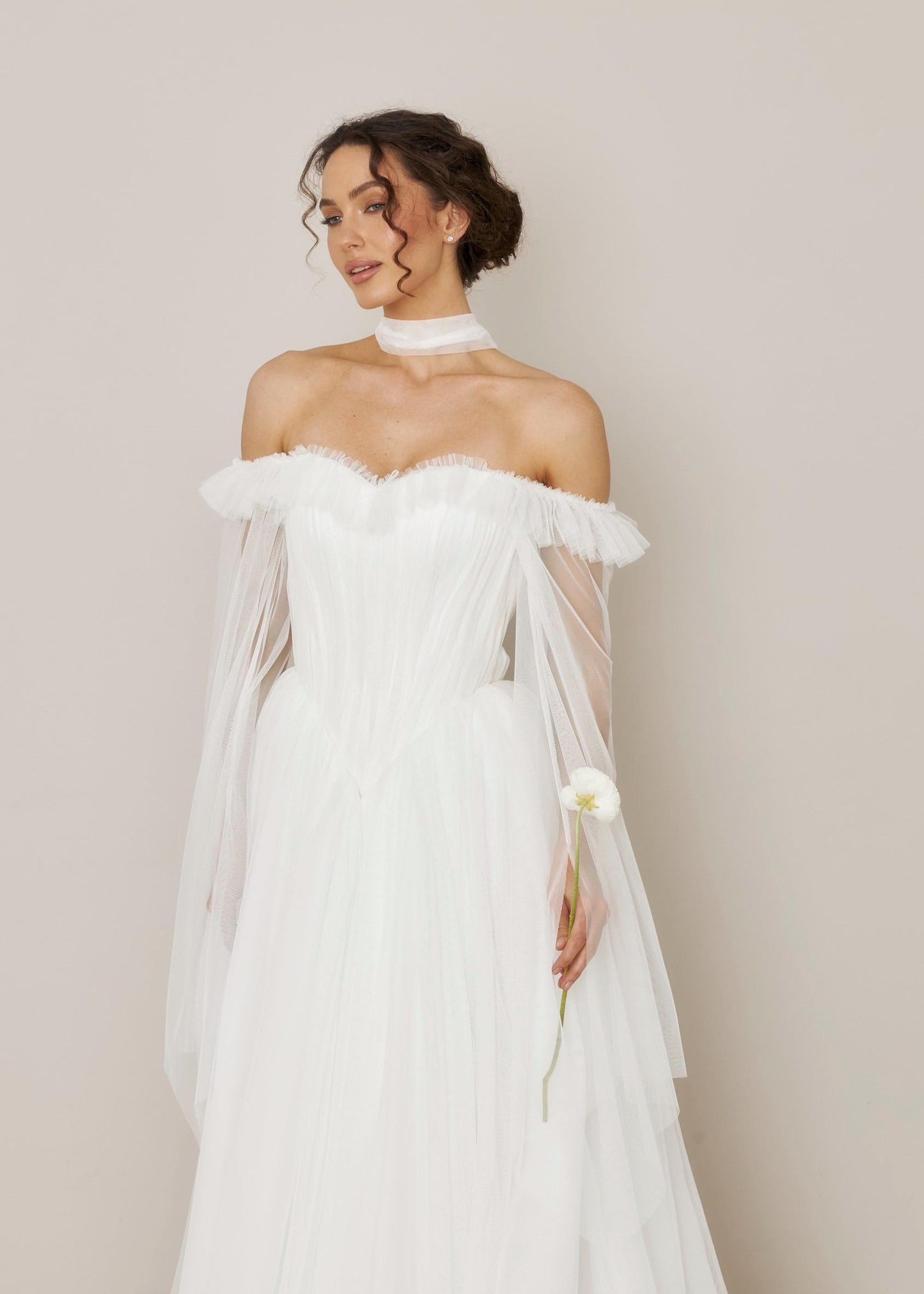 Tulle Basque Waist Wedding Dress: Ruffle Bodice, Long Sleeves