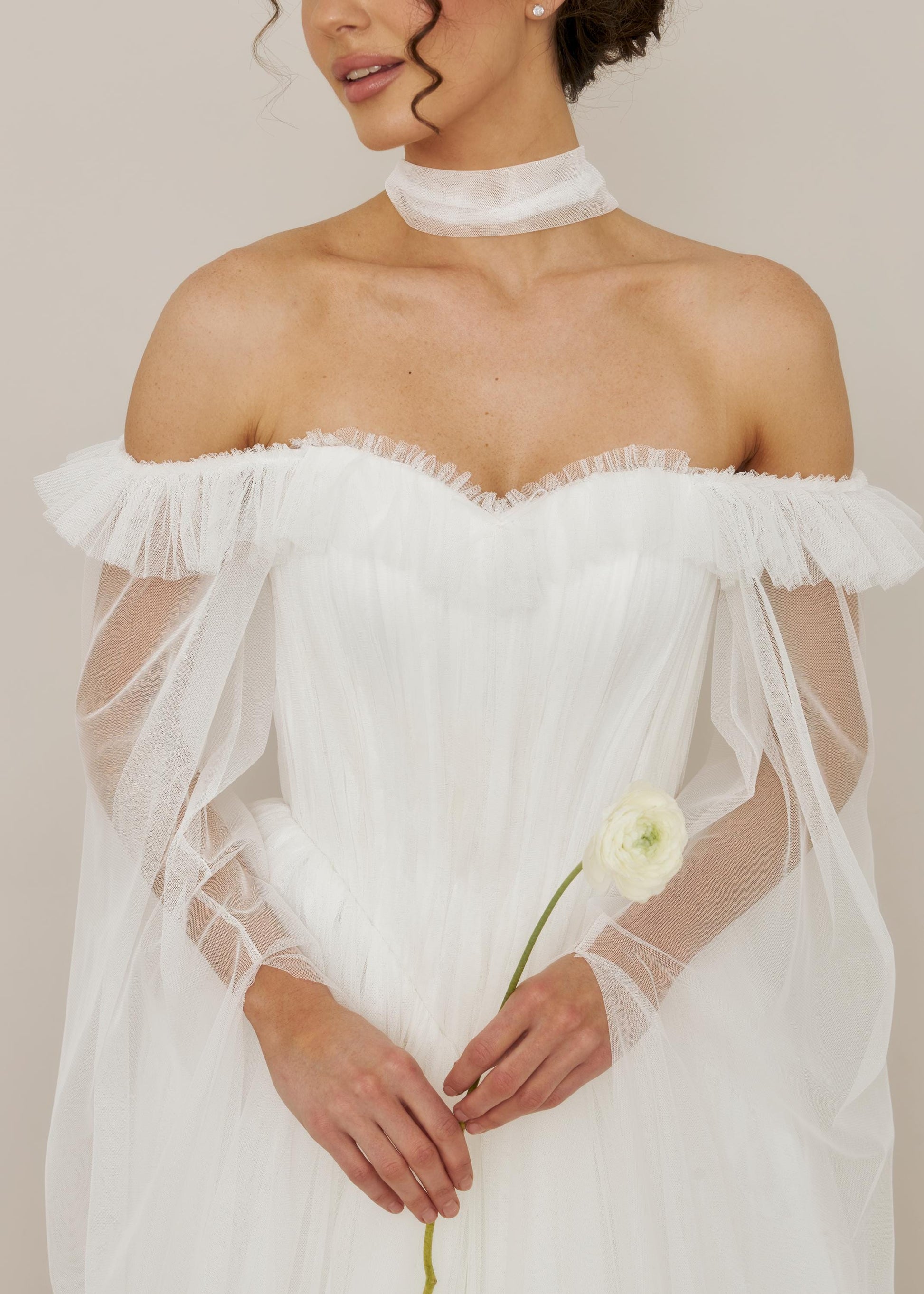 Tulle Basque Waist Wedding Dress: Ruffle Bodice, Long Sleeves