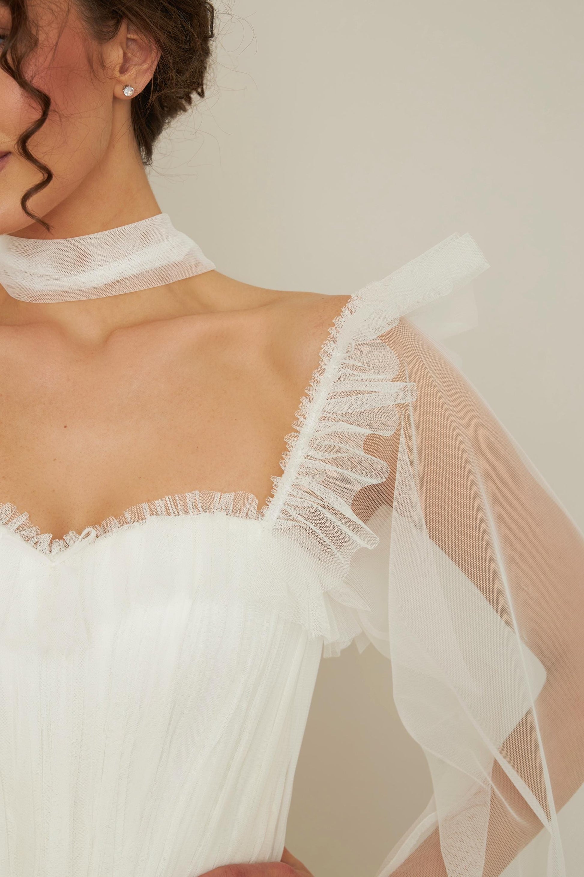 Tulle Basque Waist Wedding Dress: Ruffle Bodice, Long Sleeves