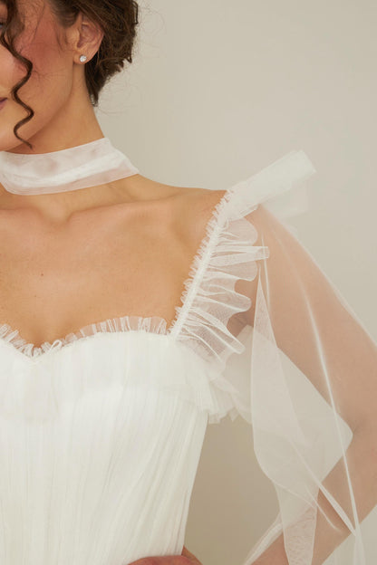 Tulle Basque Waist Wedding Dress: Ruffle Bodice, Long Sleeves