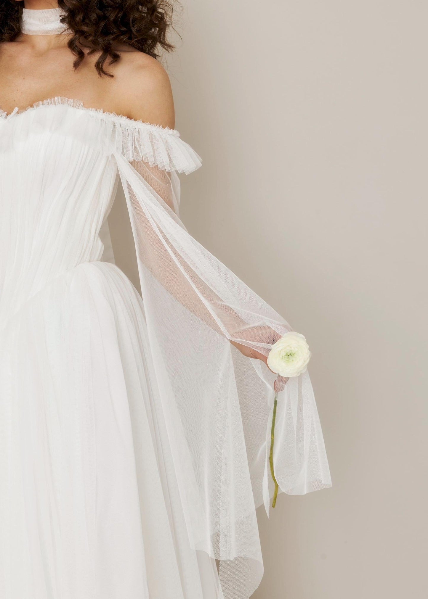 Tulle Basque Waist Wedding Dress: Ruffle Bodice, Long Sleeves