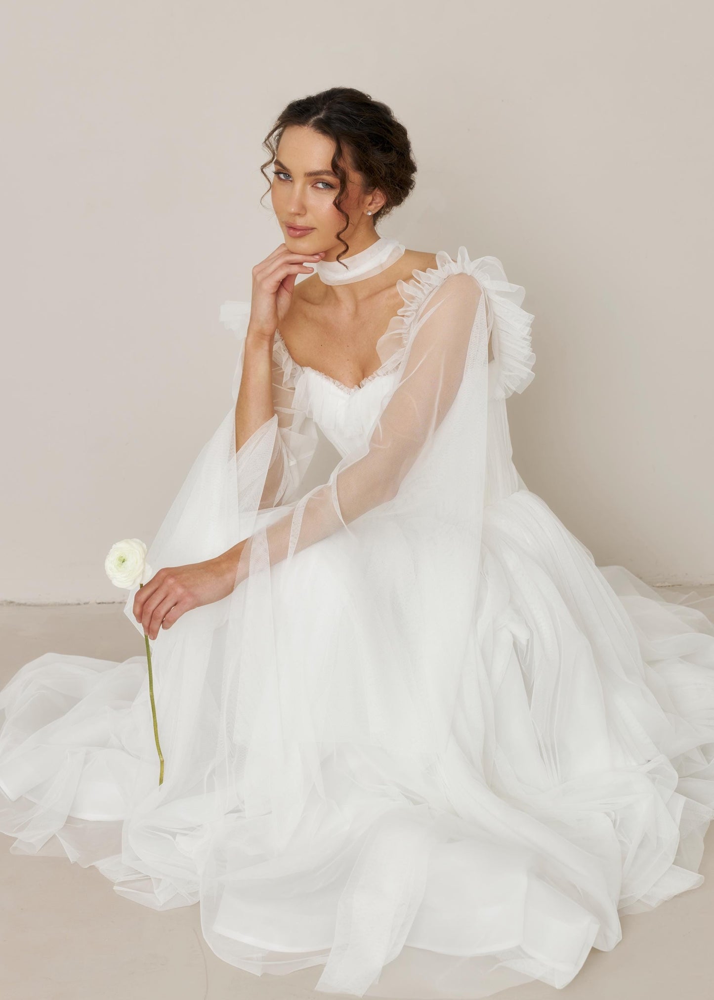 Tulle Basque Waist Wedding Dress: Ruffle Bodice, Long Sleeves