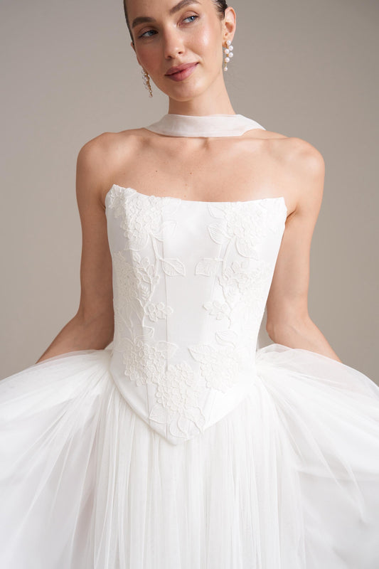 Lace Appliqué Mikado Bridal Corset: Drop Waist Wedding Top